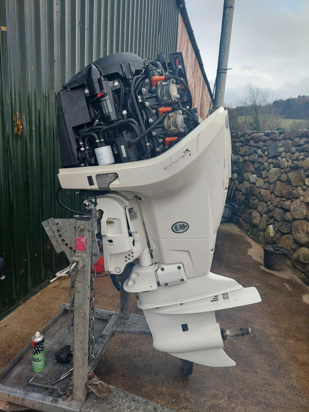 Used 200hp Evinrude Etec – Longshaft, electric start, remote control, PTT.