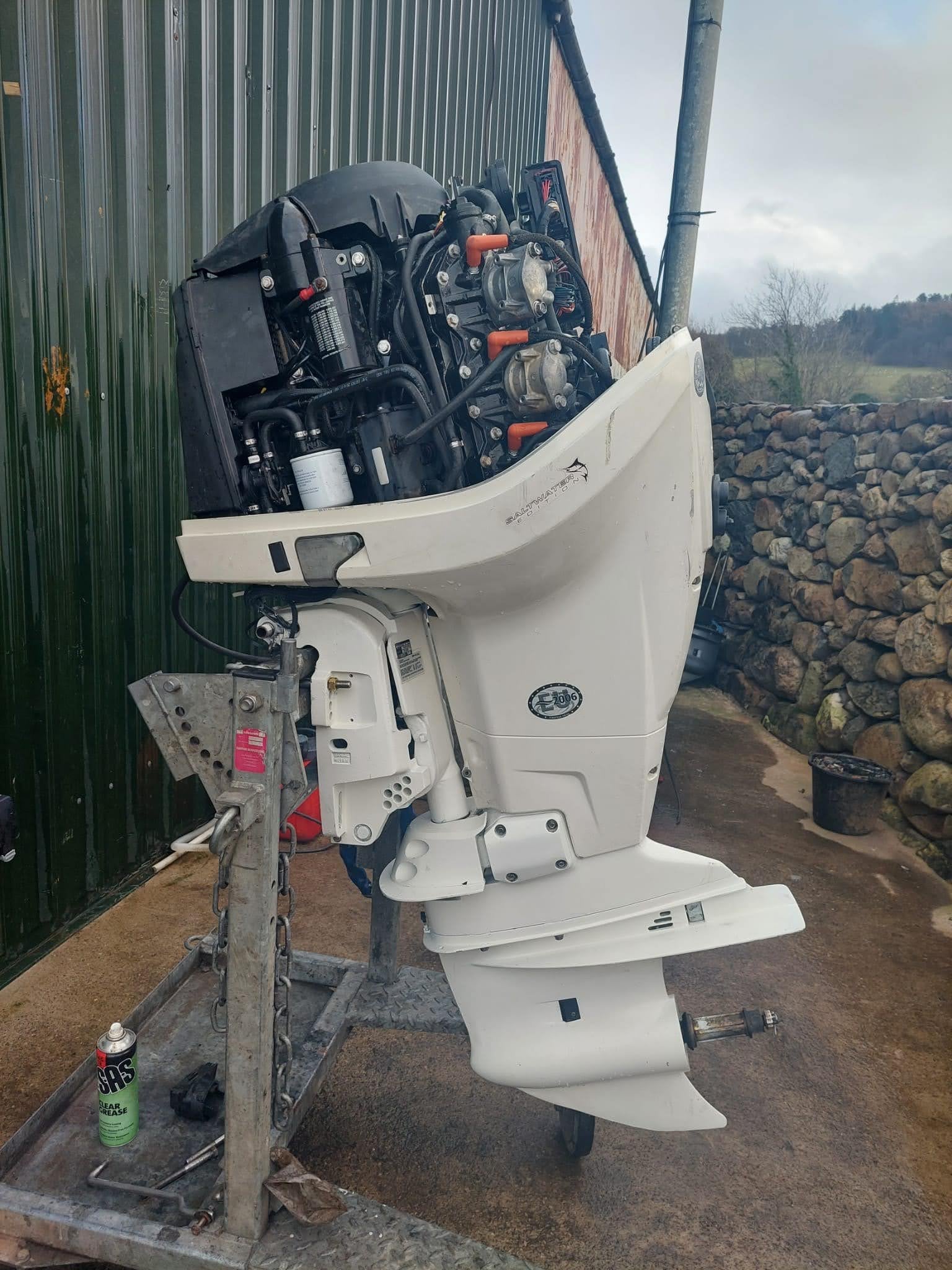 Used 200hp Evinrude Etec – Longshaft, electric start, remote control, PTT.